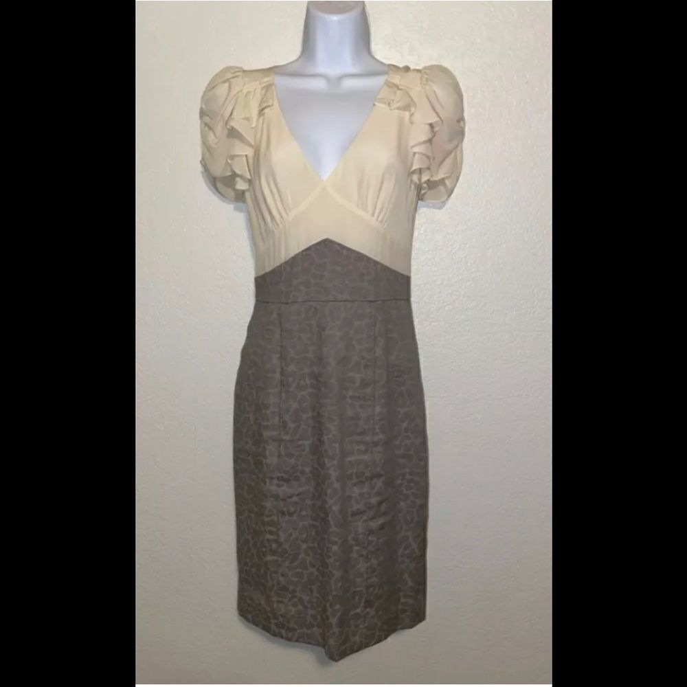 Rebecca Taylor silk Linen Ruffled Sheath Combo‎ Dress Ruched Ivory size 2